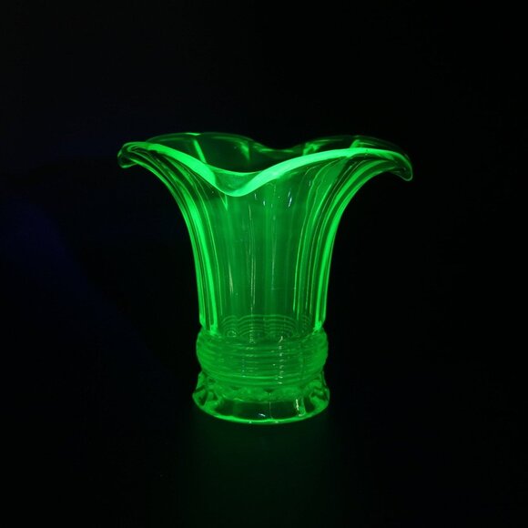 Vintage Green Uranium Glass 5" VaseFlared Shape w/ Scalloped Edge